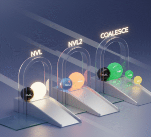 Ilustração conceitual das funções NVL, NVL2 e COALESCE em SQL para manipulação de valores NULL.
