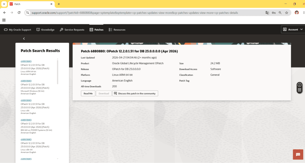 Tela de download do Patch 6880880 do OPatch no My Oracle Support