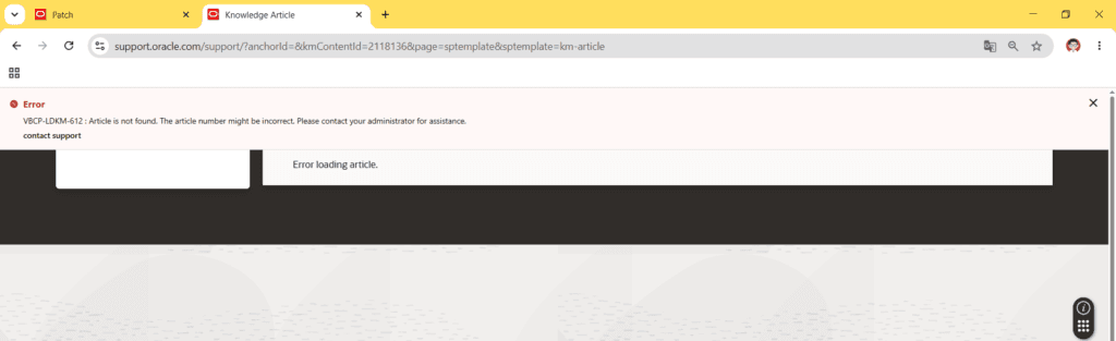 Erro VBCP-LDKM-612 no My Oracle Support ao abrir o Download Reference pelo kmContentId