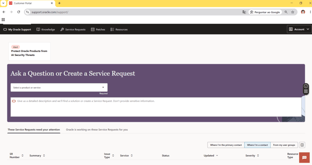 Novo portal do My Oracle Support aberto no navegador, no endereço support.oracle.com/support/