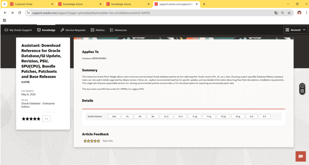 KA958, o Download Reference, aberta pelo Article ID novo no My Oracle Support