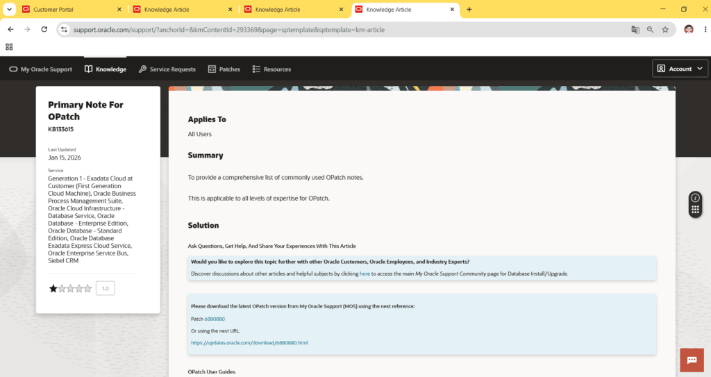 Primary Note for OPatch KB133615 aberta pelo kmContentId 293369 no My Oracle Support, com o Patch 6880880