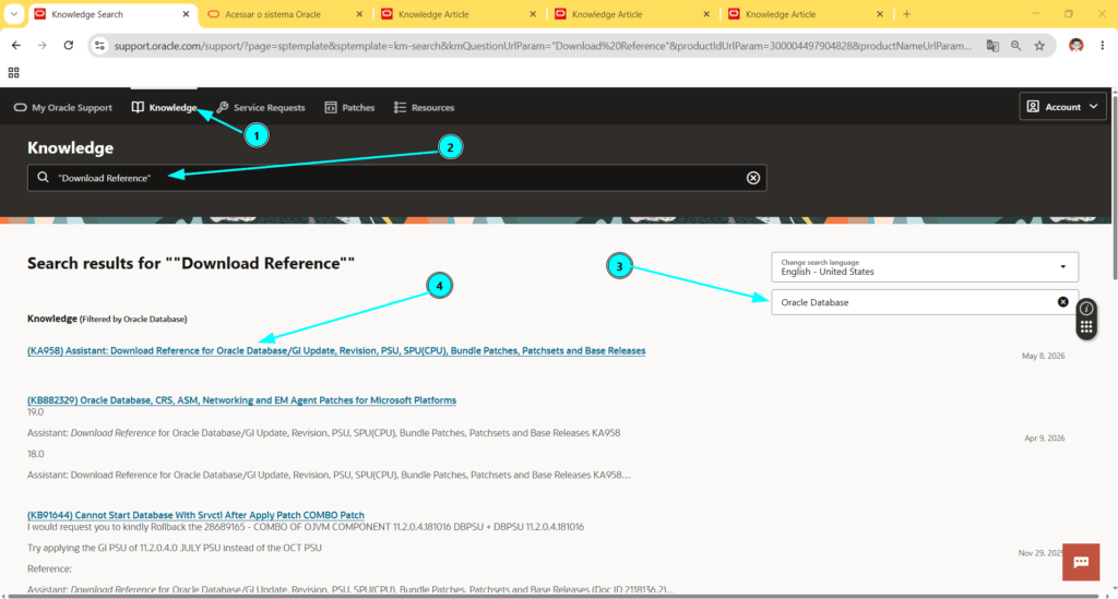 Resultado da busca por Download Reference no Knowledge do My Oracle Support, com o KA958 na lista