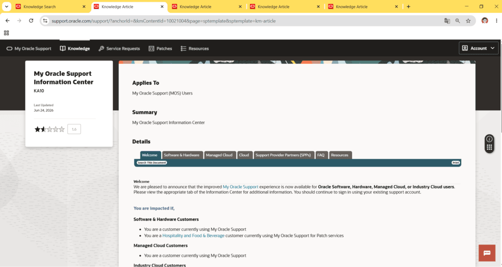 My Oracle Support Information Center KA10 aberto no portal novo